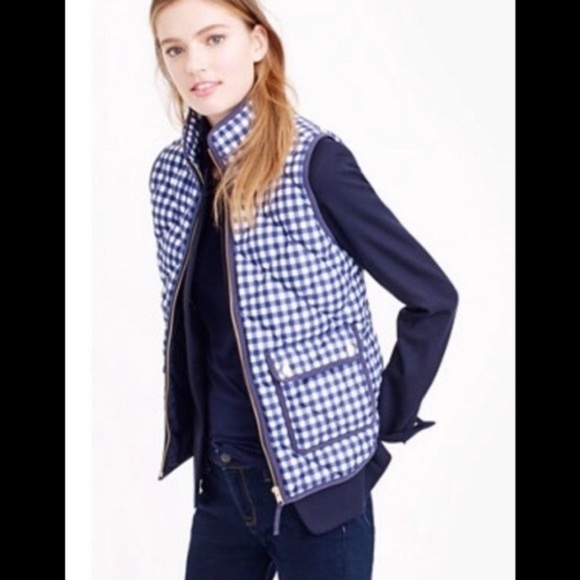 J. Crew Women's Quilted Excursion Puffer Vest Down Feathers Blue Gingham XS - Picture 1 of 7